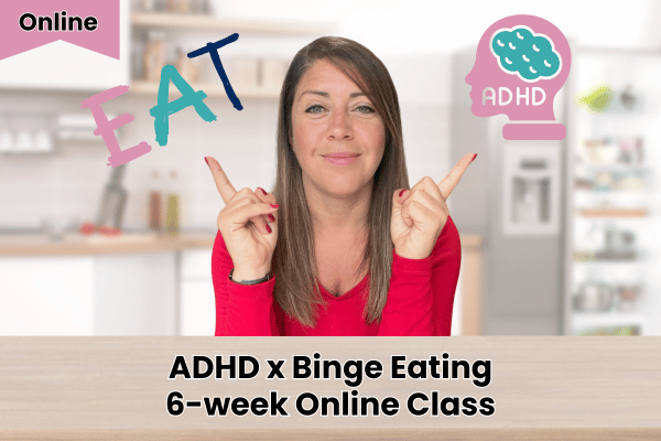 Sarah Dosanjh pointing to the words eat and a head with ADHD written across it