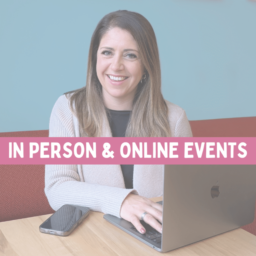 Sarah sitting at table with text in person and online events